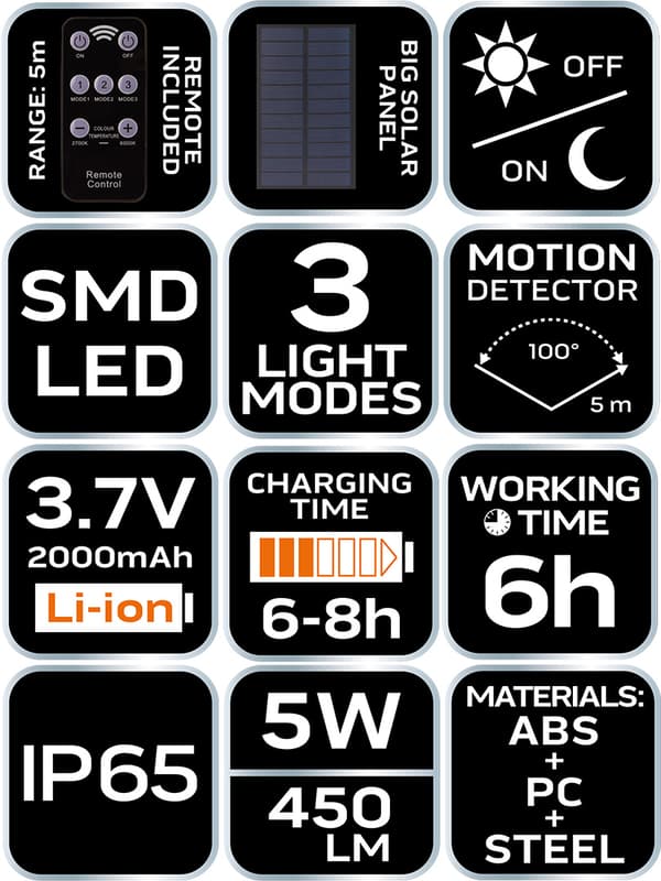 Solar gatlykta + fjärrkontroll SMD LED 450 lm