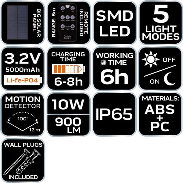 Solcellevæglampe + fjernbetjening SMD LED 900 lm
