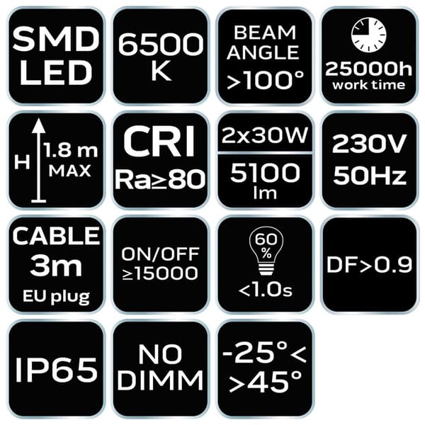 Dobbelt spotlight 2x30W SMD LED 5400lm på et 1,8m stativ