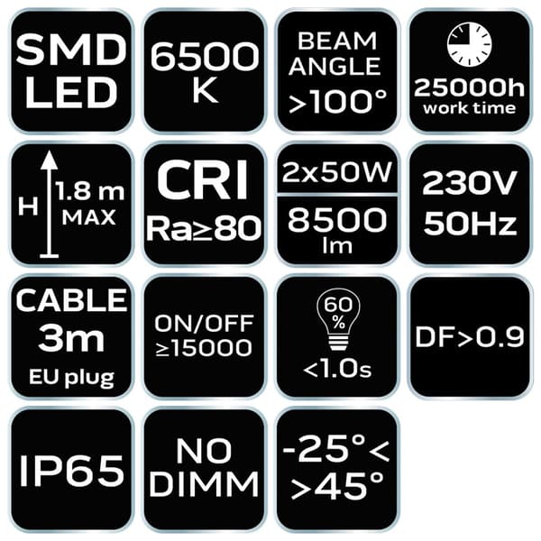 Kaksinkertainen kohdevalo 2x50W SMD LED 8500lm 230V 1,8m jalustalla