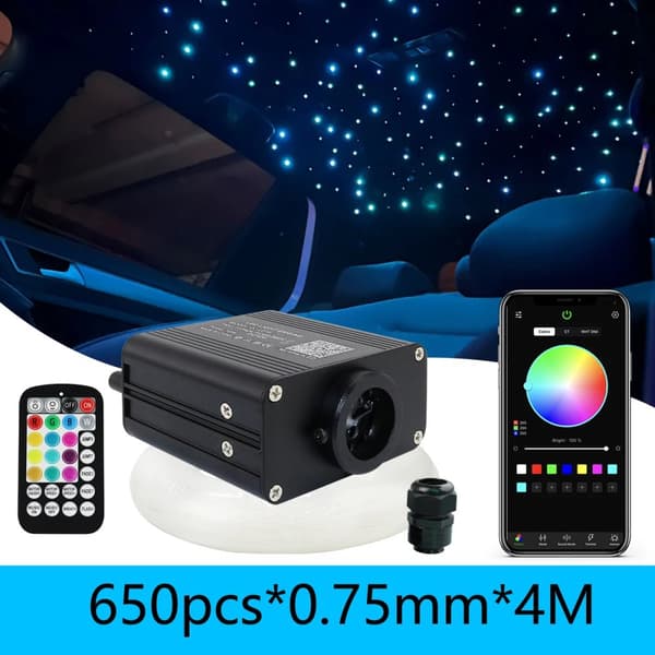 RGBW Fiber Optic Stjernehimmel Lys, Bluetooth Kontrol, 650 stk. Fiberkabel,650 stk 0,75 mm 4M, Auto bil N EU stik
