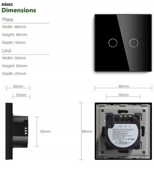 TOUCH LIGHT SWITCH 2K DUBBEL GLAS LED