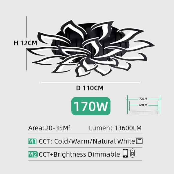 LED Loftlampe, 50W Effekt, 4000 Lumen Udgang,APP med RC Dæmpbar, Sort 18 Hoveder