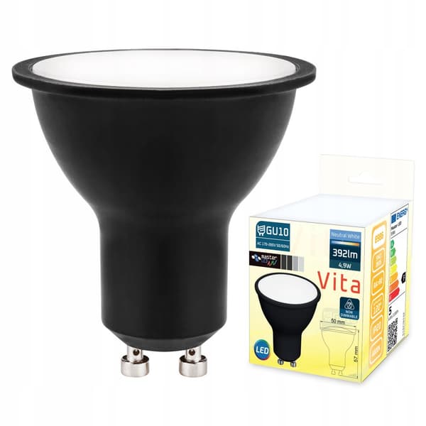 Svart LED GU10-lampa 4,9W neutralvit 4000K