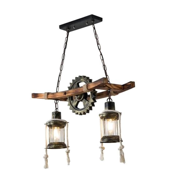 Vintage Pendellampe, Massivt Træmateriale, 2 Lyskilder, Retro Stil