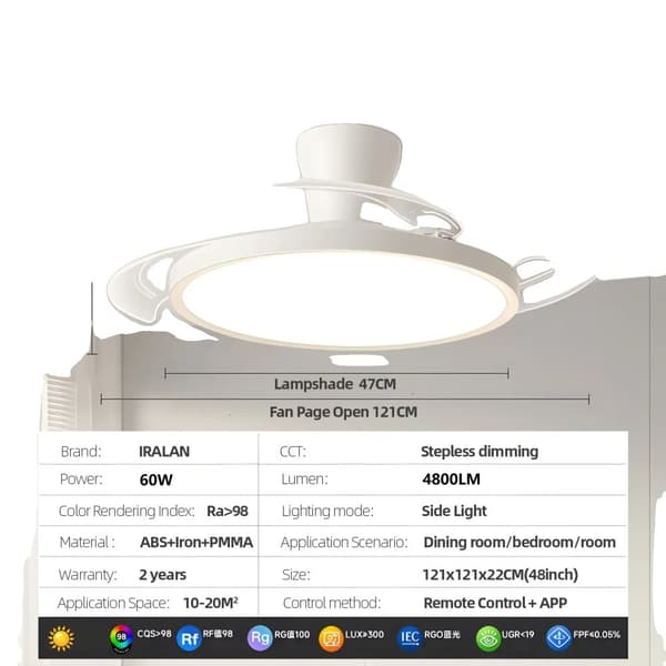 Kattotuuletin LED-valolla, portaattomasti himmennettävä, korkea lumen-tuotto,220V, APP ja RC himmennettävä, 48 tuumaa