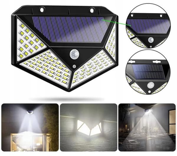 SOLKOLAMPA MED SKYMNINGSRÖRELSESENSOR 100 LED TRÄDGÅRD VÄGGMONTERAD
