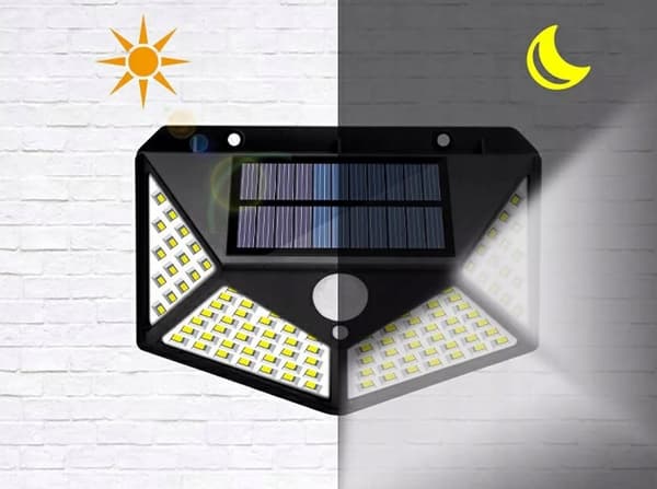 SOLKOLAMPA MED SKYMNINGSRÖRELSESENSOR 100 LED TRÄDGÅRD VÄGGMONTERAD