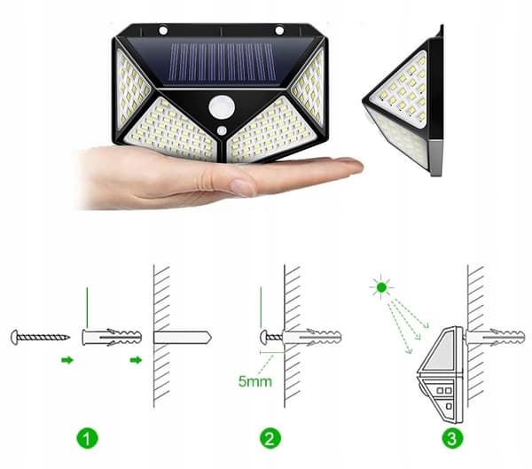 SOLKOLAMPA MED SKYMNINGSRÖRELSESENSOR 100 LED TRÄDGÅRD VÄGGMONTERAD
