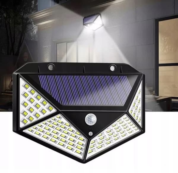 SOLKOLAMPA MED SKYMNINGSRÖRELSESENSOR 100 LED TRÄDGÅRD VÄGGMONTERAD