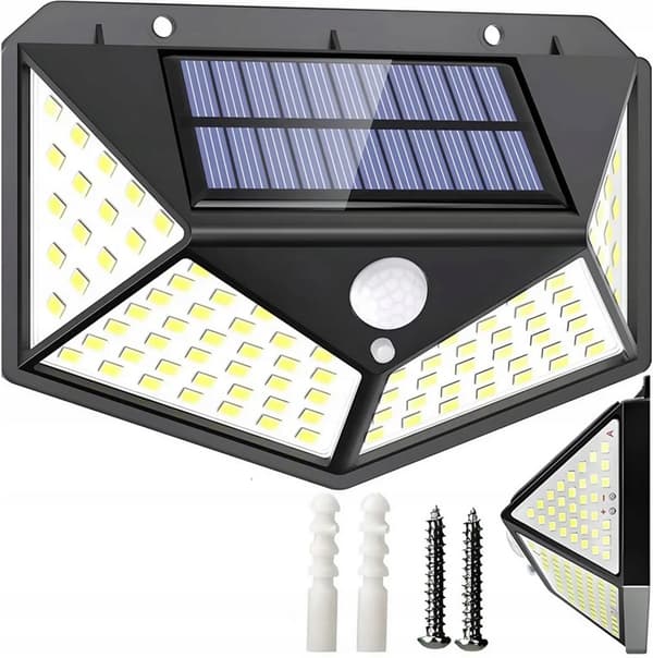 SOLKOLAMPA MED SKYMNINGSRÖRELSESENSOR 100 LED TRÄDGÅRD VÄGGMONTERAD