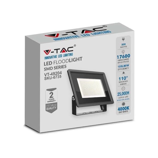 V-TAC 200W SMD F-KLASSE Sort LED-projektor VT-49204 6400K 17600lm