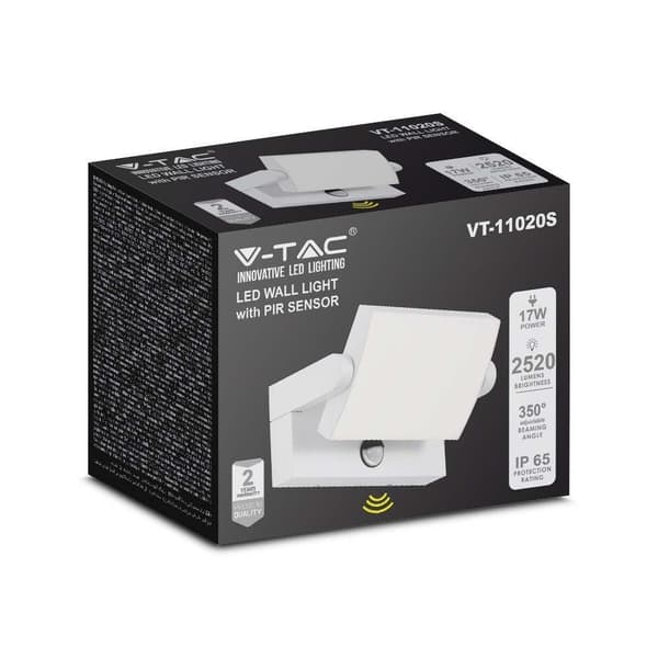 Projektor facadelampe V-TAC 17W LED bevægelsessensor hvid IP65 VT-11020-120-W 4000K 2520lm