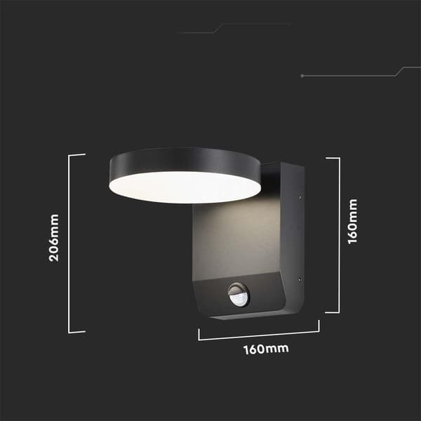 Projektor facadelampe V-TAC 17W LED bevægelsessensor rund sort IP65 VT-11020S-RD-B 4000K 2480lm