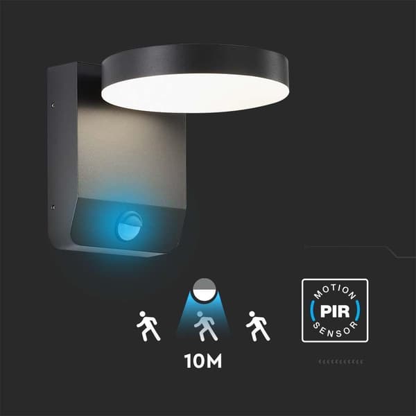 Projektor facadelampe V-TAC 17W LED bevægelsessensor rund sort IP65 VT-11020S-RD-B 4000K 2480lm