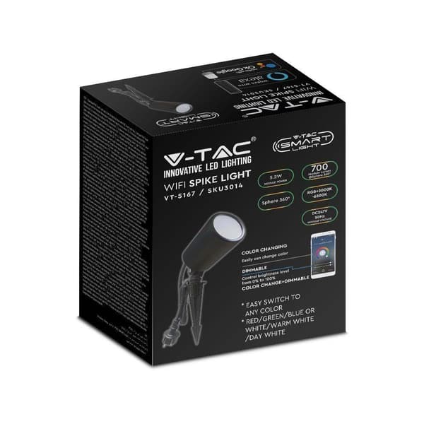 Trädgårdsarmatur V-TAC VT-5167 7W LED SMART WiFI IP65 RGB+3000K-6500K 520lm (SKU 3014) Svart