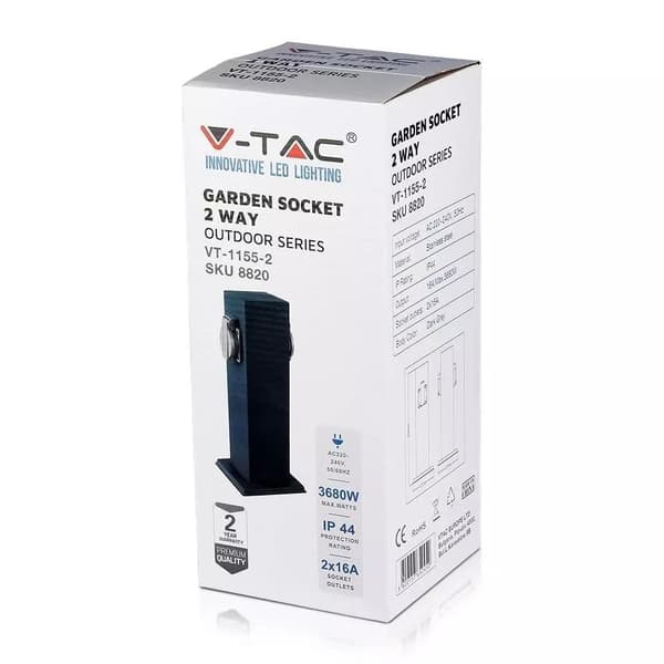 Puutarhatolppa V-TAC VT-1155-1 30cm 2x pistorasiaa 2x 16A 3600W IP44 (SKU 8820) Harmaa