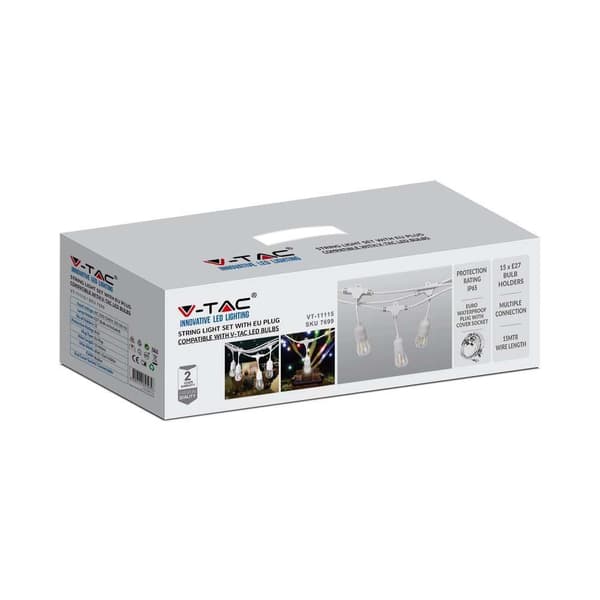 Havegirlande V-TAC Hvid 15 meter 15 armaturer E27 Gummi+Fatning IP54 VT-713