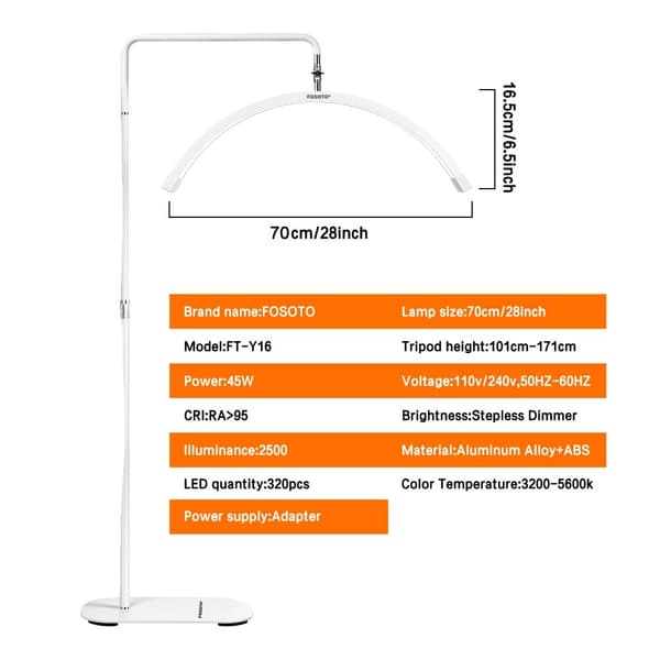 Fosoto Multi-Directional Ring Light, 45W Effekt, Justerbar Höjd 101cm-171cm,vit