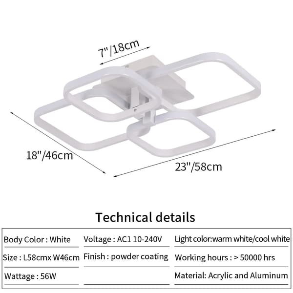 Moderne Loftlampe, 4 Cirkel Design, Justerbart Varm/Kold Lys,4hoveder firkantet, Kold Hvid