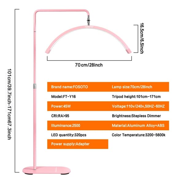 Fosoto Multi-Directional Ring Light, 45W Effekt, Justerbar Höjd 101cm-171cm,rosa