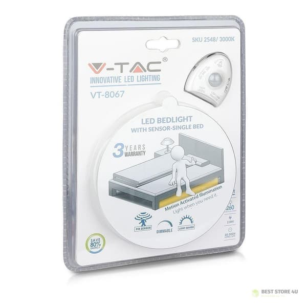 V-TAC LED Natlampe Bevægelsessensor Enkeltseng VT-8067 4000K 260lm 3 års garanti