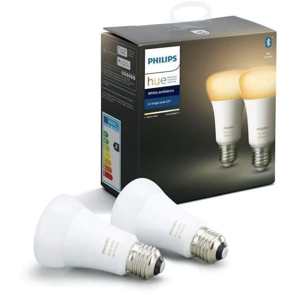 Philips Hue White Ambiance, E27 LED smart pære, 75W ækvivalent, 1100 lumen, Bluetooth-kompatibel, 2-pak