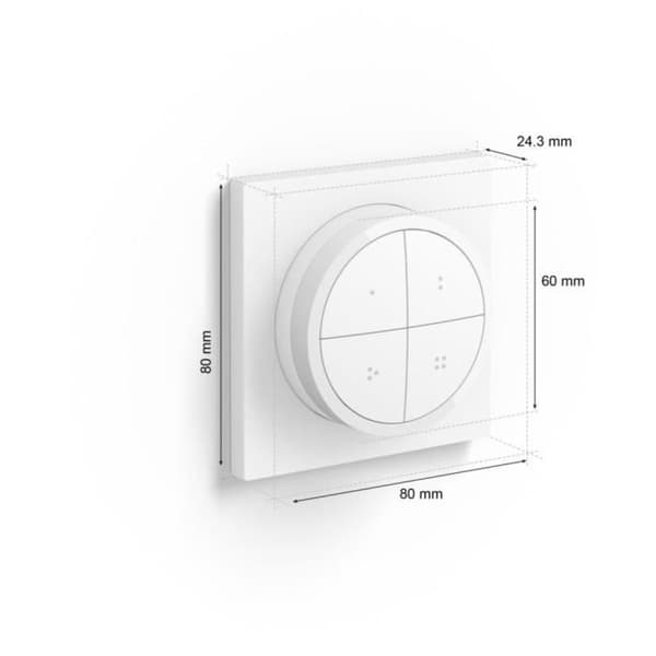 Philips Hue-knappfjärrkontroll med vridreglage, vit, låter dig styra olika delar eller ett område