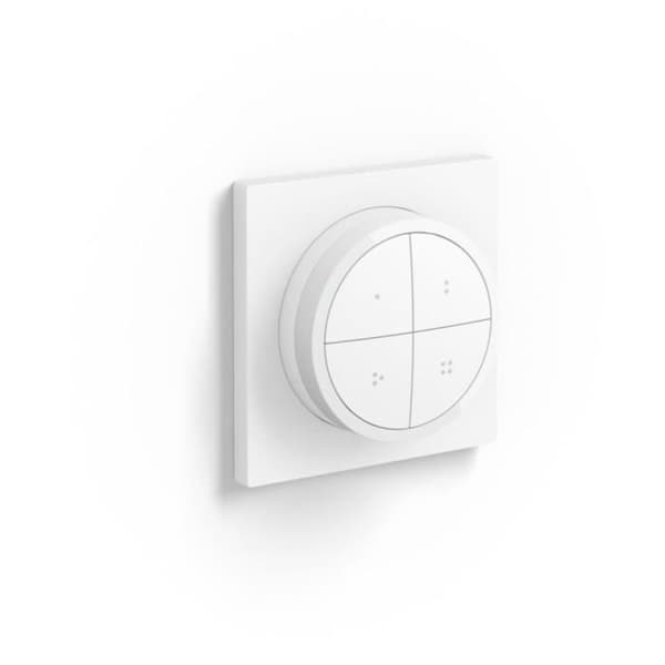 Philips Hue-knappfjärrkontroll med vridreglage, vit, låter dig styra olika delar eller ett område
