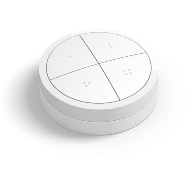 Philips Hue-knappfjärrkontroll med vridreglage, vit, låter dig styra olika delar eller ett område