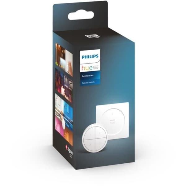 Philips Hue-knappfjärrkontroll med vridreglage, vit, låter dig styra olika delar eller ett område
