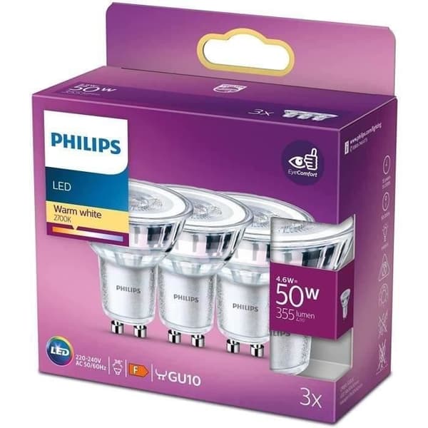 Philips GU10 LED-pærer - 3-pak - 50W - Varm hvid - Indendørsbelysning