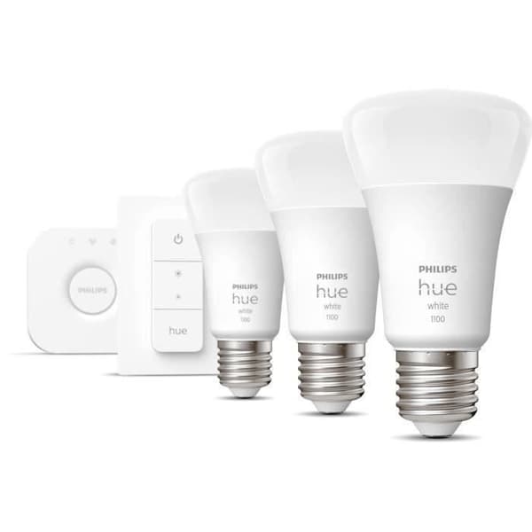 PHILIPS Hue White startpaket 9,5W smart LED-lampa - E27 x3 och Hue-fjärrkontroll