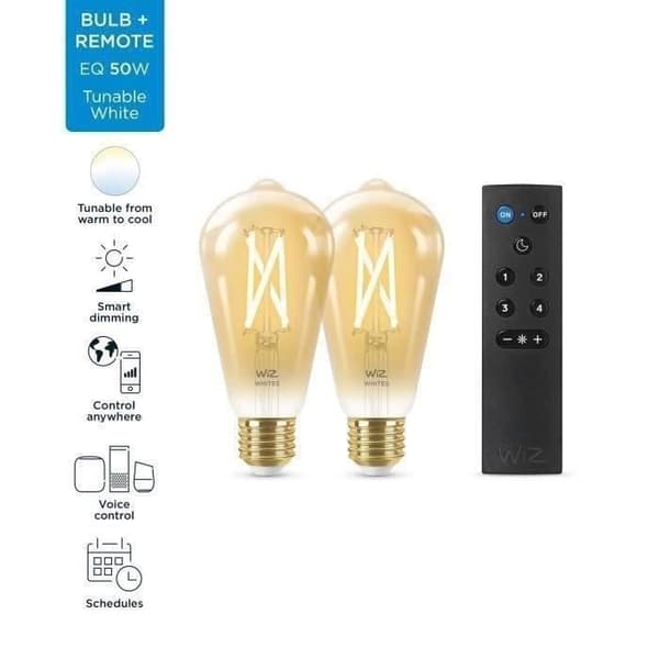 WiZ Starter Kit 2 Edison Smart Pærer Variabel Hvid E27 50W + Fjernbetjeningslysdæmper