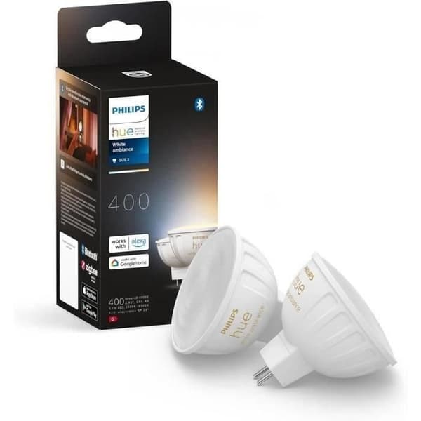 Tilsluttet lampe - PHILIPS HUE - MR16 - Hvidt lys - Bluetooth-kompatibel - Pakke med 2 - Fungerer med app og stemme