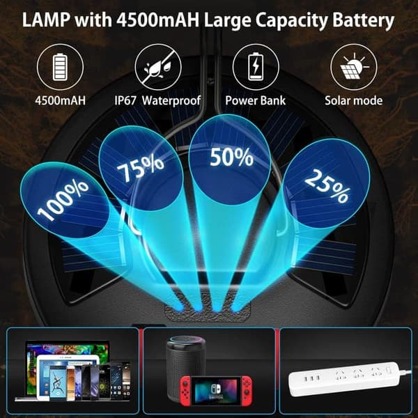 Bomclap 1200mAh LED solfyldt campinglanterne genopladelig via USB | 6 tilstande inkl. SOS | Vandafvisende IP64 | Transportabelt telt og udendørs lampe