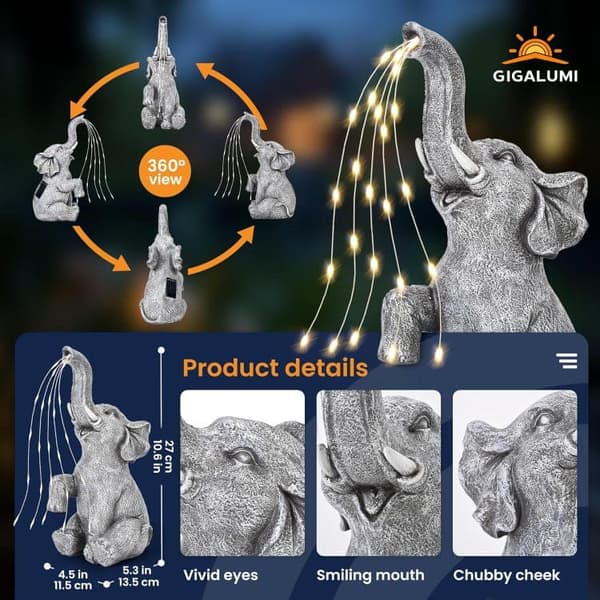 Bomclap soldrevet vandsprøjtende elefant statue med LED - udendørs havedekoration