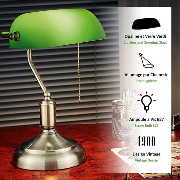 Bomclap Grøn Antik Bænklampe UL-godkendt, Messing Detaljer & Lynlås, E27 Bibliotekslampe til Kontor/Studierum