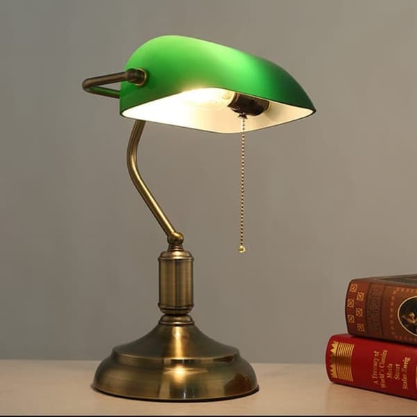 Bomclap Grøn Antik Bænklampe UL-godkendt, Messing Detaljer & Lynlås, E27 Bibliotekslampe til Kontor/Studierum
