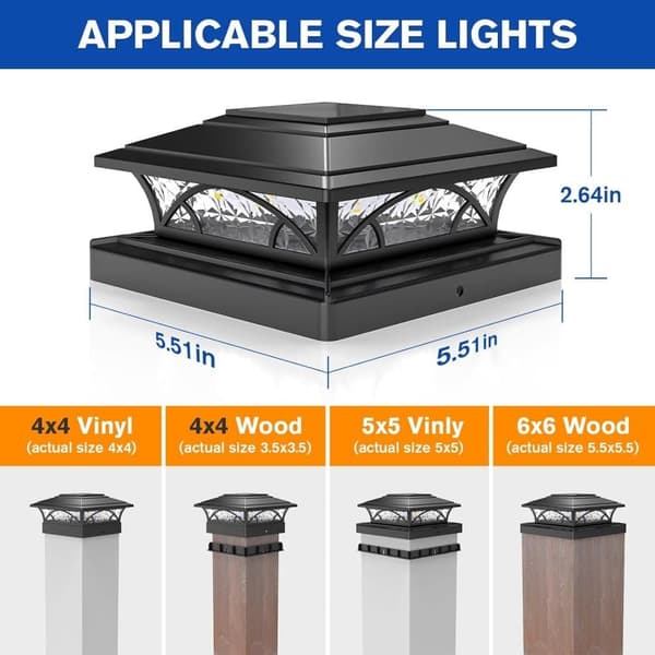 bomclap 6x6 pole kapsel lys 4-pak - sort sollys hegn lys, 2 tilstande IP65 til 4x4 / 5x5 / 6x6 træ / vinyl, automatisk tænd / sluk, dæk og have (vand