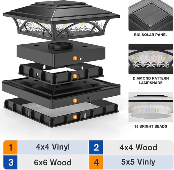bomclap 6x6 pole kapsel lys 4-pak - sort sollys hegn lys, 2 tilstande IP65 til 4x4 / 5x5 / 6x6 træ / vinyl, automatisk tænd / sluk, dæk og have (vand