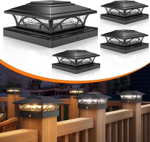 bomclap 6x6 pole kapsel lys 4-pak - sort sollys hegn lys, 2 tilstande IP65 til 4x4 / 5x5 / 6x6 træ / vinyl, automatisk tænd / sluk, dæk og have (vand