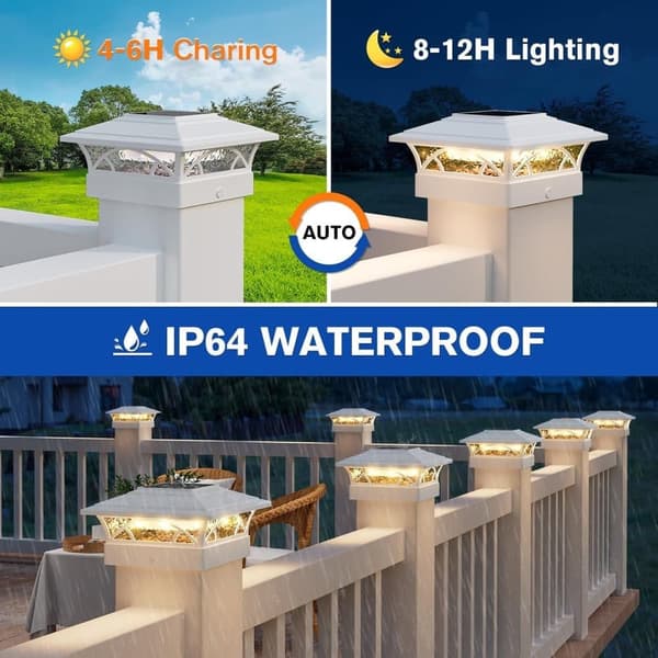 Bomclap 5x5 Solbelysta Stolpkapslar 4-pack - Vita IP65-vattentäta solficklampor till vinylstaket, Automatisk på/av, 2 lägen för 4x4 & 6x6 trä/vinyl, D