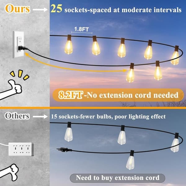 Bomclap 7,6m udendørs solslangelys med fjernbetjening - vandtæt dæmpbar terrassebelysning 10+1 LED ST38 lys 3 tilstande vedhæng lys til haven