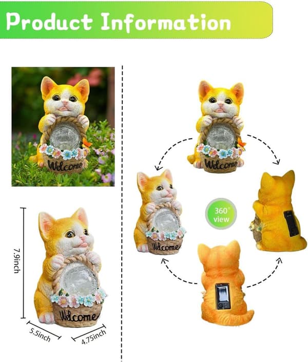 Bomclap Solar Garden Statue Udendørs Kat Statue Boligindretning, Solar Lights Udendørs Vandtæt, Havedekoration til Race, Terrasse, Altan, Have