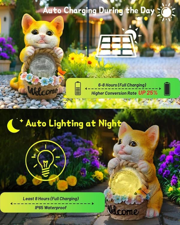 Bomclap Solar Garden Statue Udendørs Kat Statue Boligindretning, Solar Lights Udendørs Vandtæt, Havedekoration til Race, Terrasse, Altan, Have