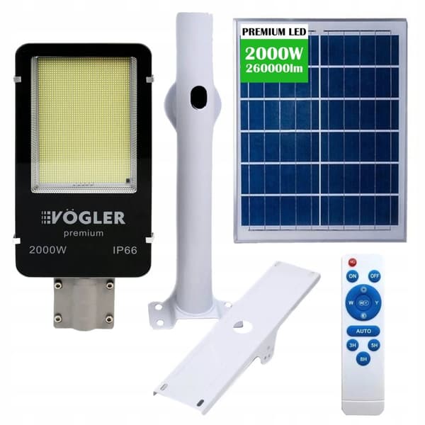 KRAFTFULD LED SOLKELAMPE 2000W SKUMØRINGSSENSOR GADE MED FJERNBETJENING VÖGLER VP