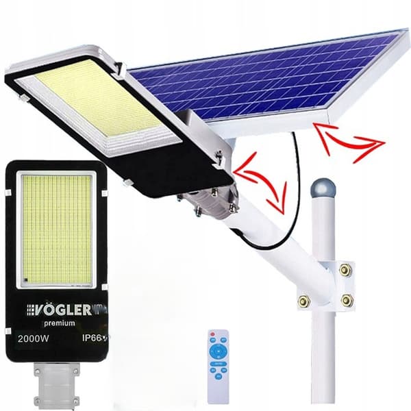 KRAFTFULD LED SOLKELAMPE 2000W SKUMØRINGSSENSOR GADE MED FJERNBETJENING VÖGLER VP