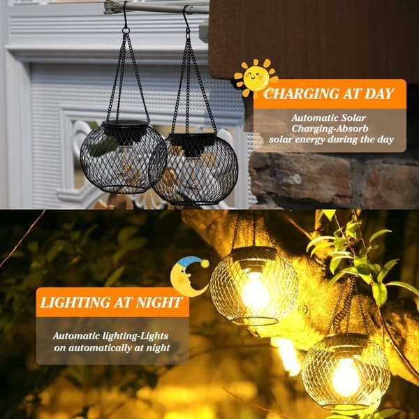 OBOSOE Solcellsdrivna Hänglampor (2-pack) – Vattentäta Metallampor för Trädgård, Patio & Uteplatser | Dekorativ Utebelysning med 8 LED-ljus