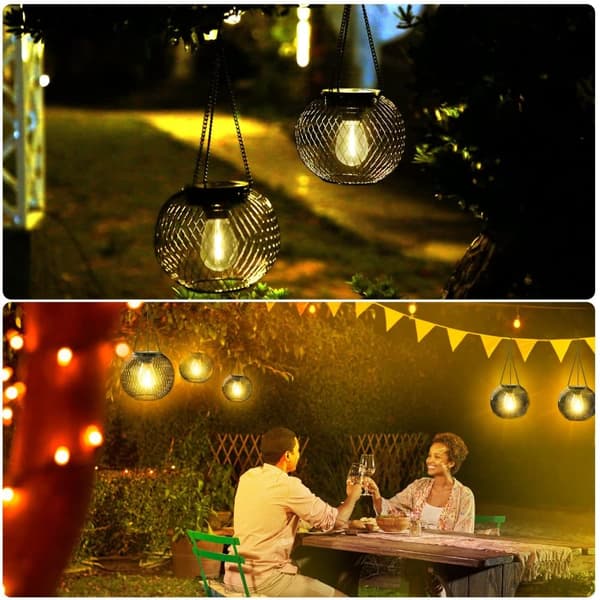OBOSOE Solcellsdrivna Hänglampor (2-pack) – Vattentäta Metallampor för Trädgård, Patio & Uteplatser | Dekorativ Utebelysning med 8 LED-ljus